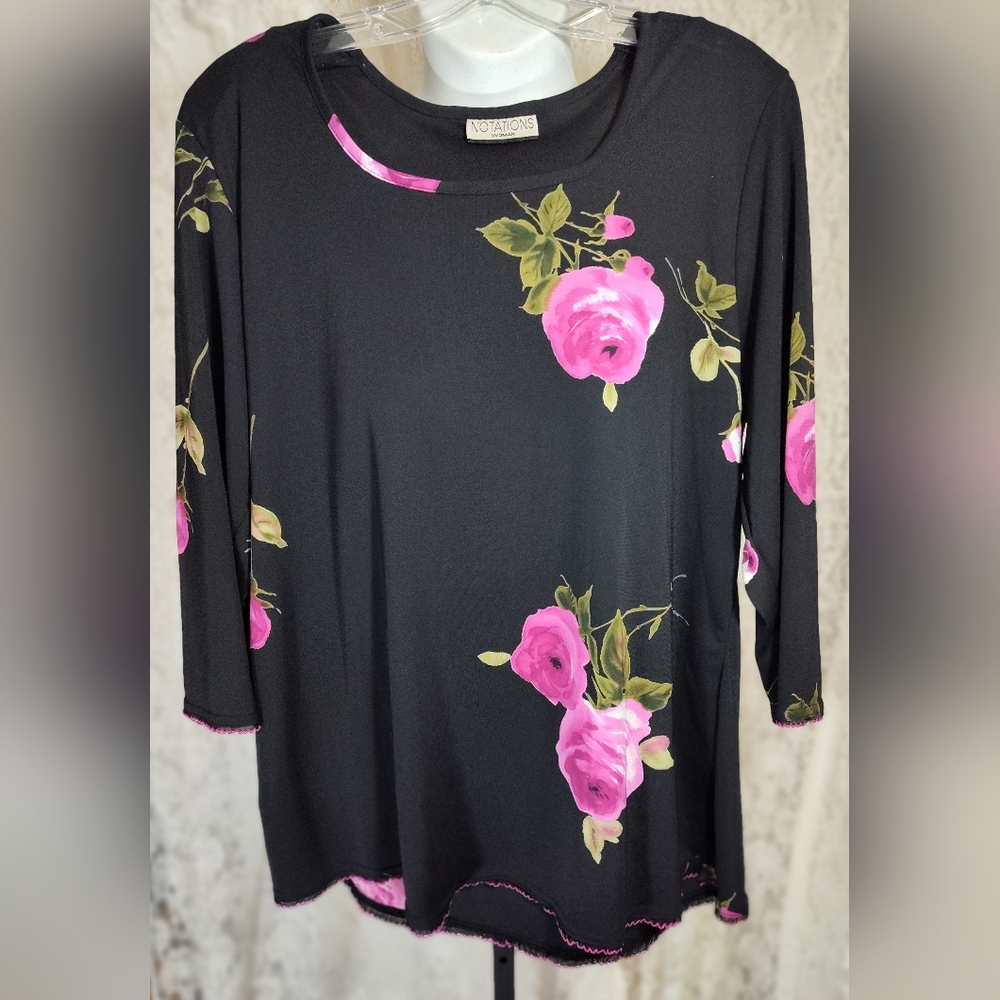 Notations Black and Pink Floral Blouse NWOT